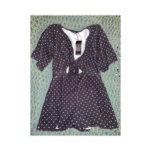 BooHoo Navy Polkadot Short Sleeve Romper w/Cutout